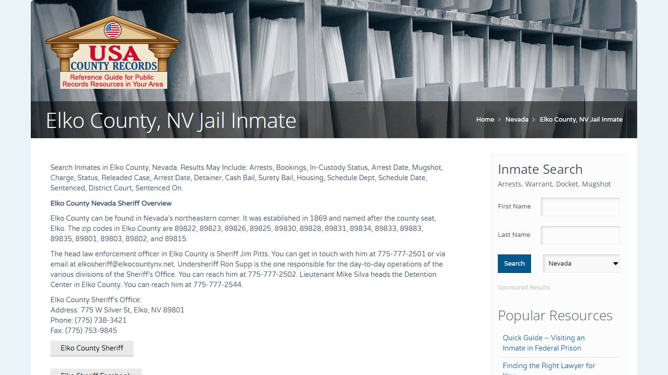 Elko County, NV Jail Inmate | Name Search